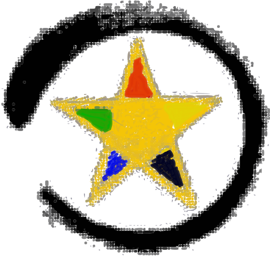 Eine Vektorgrafik eines kalligrafischen Kreises mit einem gelben Stern mit fünf gefärbten Zacken: rot, gelb, schwarz, blau und grün als Symbol für die fünf Wandlungsphasen